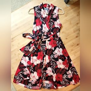 Karina Ruby sleeveless faux wrap dress, S/M black w/ red white flowers